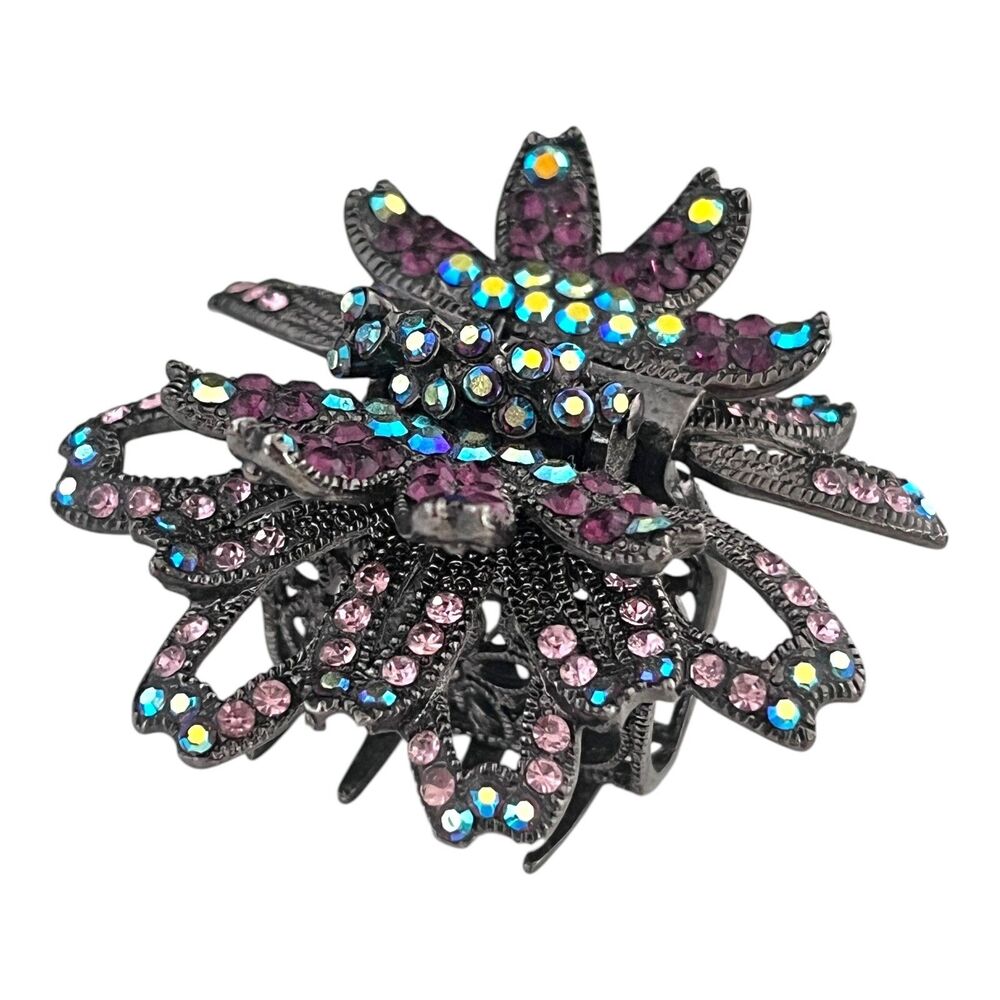 Vintage 1980s Hair Clip Hematite Tone Pink AB Crystal Floral Barrette - 11Q